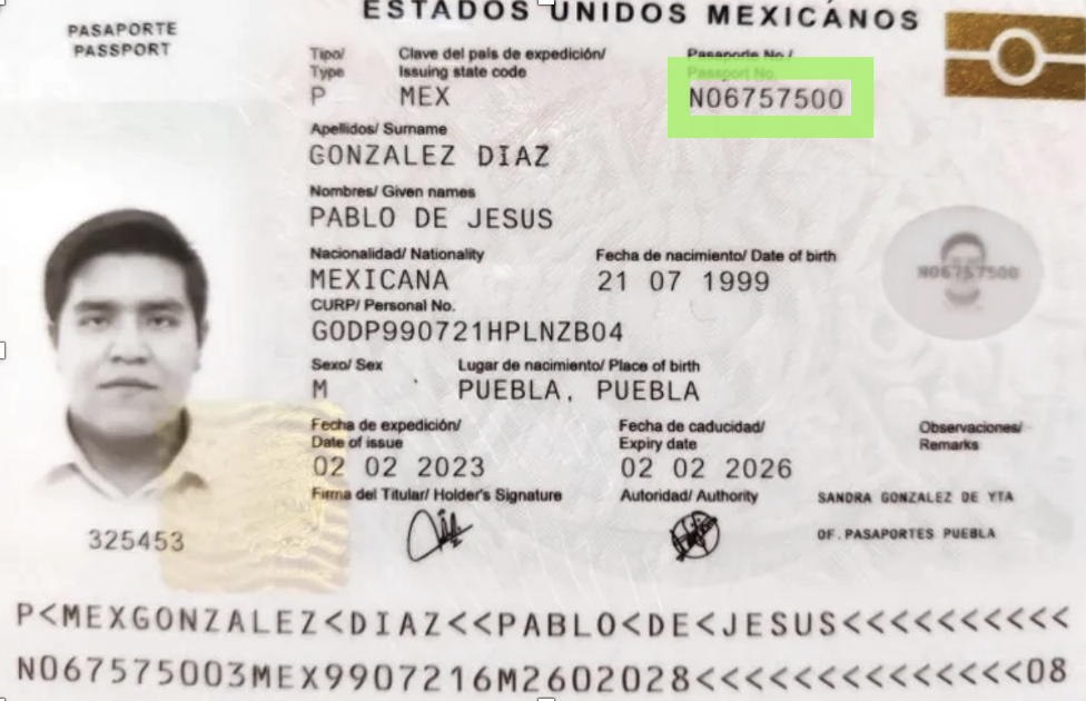 Ejemplo de número de pasaporte